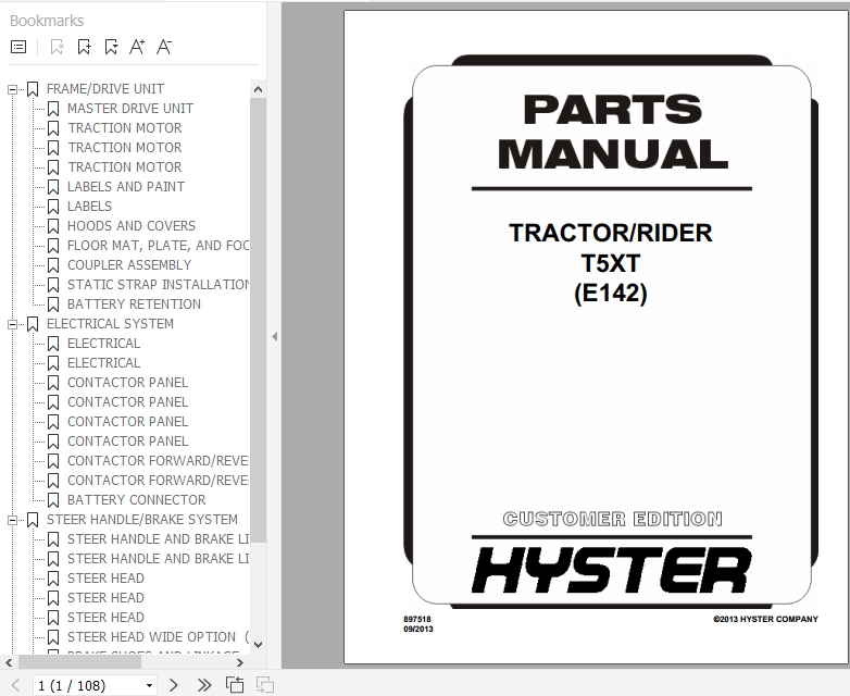 Hyster Electric Motor Hand Trucks E142 T5XT Parts Manual 897518 1