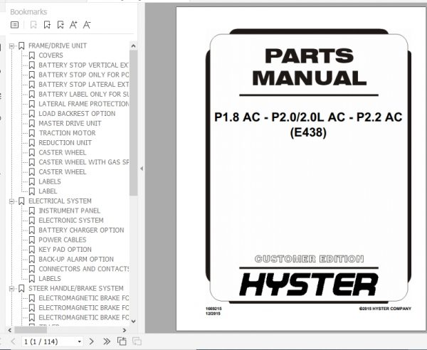 Hyster Electric Motor Hand Trucks E438 P1.8 AC P2.0 2.0L AC P2.2 AC Parts Manual 1669215 1