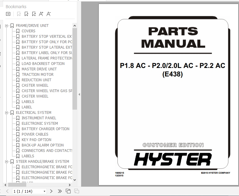 Hyster Electric Motor Hand Trucks E438 P1.8 AC P2.0 2.0L AC P2.2 AC Parts Manual 1669215 1