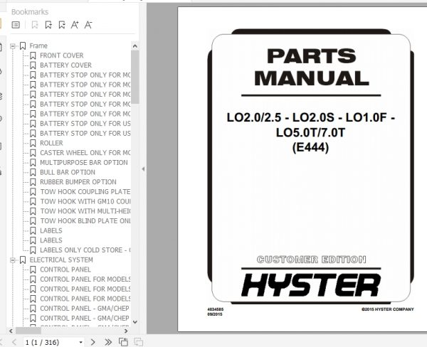 Hyster Electric Motor Hand Trucks E444 LO2.0 2.5 LO2.0S LO1.0F LO5.0 T7.0T Parts Manual 4034585 1