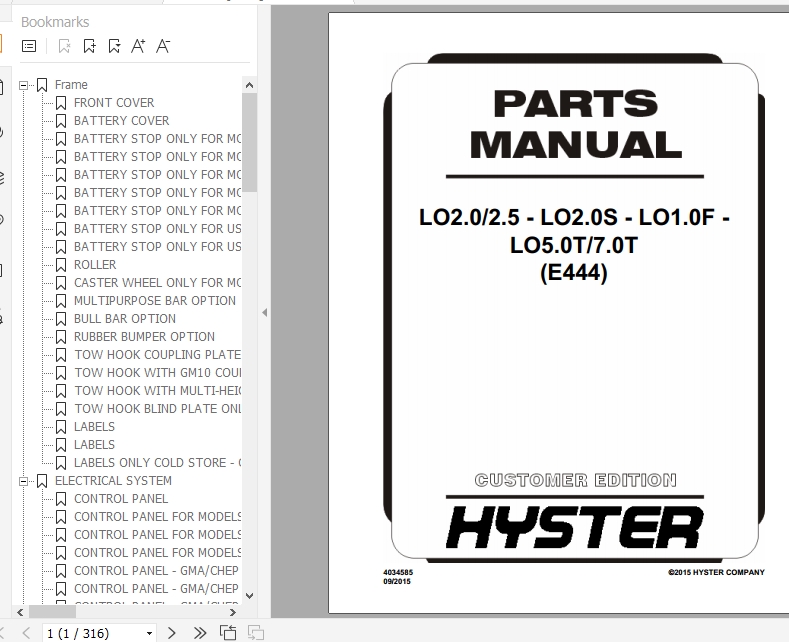 Hyster Electric Motor Hand Trucks E444 LO2.0 2.5 LO2.0S LO1.0F LO5.0 T7.0T Parts Manual 4034585 1