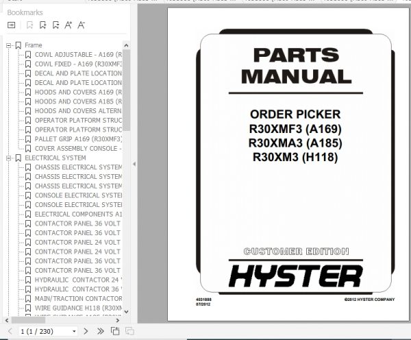Hyster Electric Motor Narrow Aisle Trucks A185 R30XMA3 Parts Manual 1