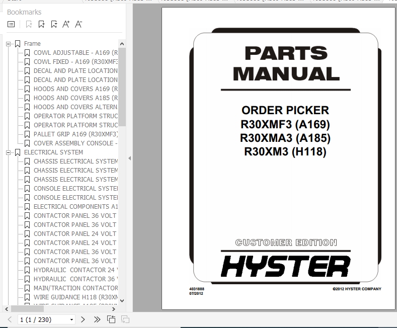Hyster Electric Motor Narrow Aisle Trucks A185 R30XMA3 Parts Manual 1