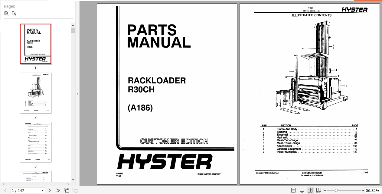 Hyster Electric Motor Narrow Aisle Trucks A186 R30CH Parts Manual 599917 1