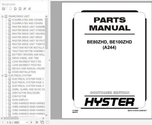 Hyster Electric Motor Narrow Aisle Trucks A244 BE80ZHD BE100ZHD Parts Manual 4110890 1