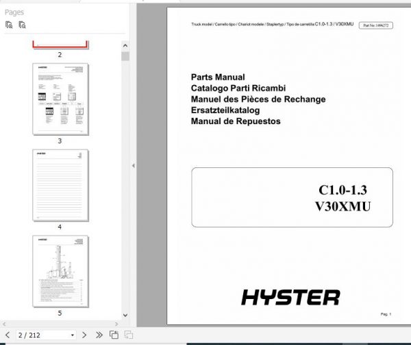 Hyster Electric Motor Narrow Aisle Trucks A463 C1.01.3 V30XMU Parts Manual 1496272 1