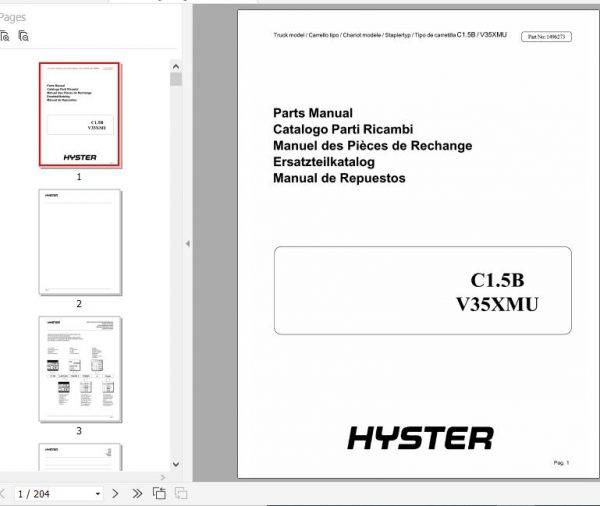 Hyster Electric Motor Narrow Aisle Trucks A464 C1.5B V35XMU Parts Manual 1496273 1