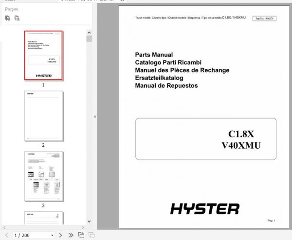 Hyster Electric Motor Narrow Aisle Trucks A465 C1.8X V40XMU Parts Manual 1496274 1