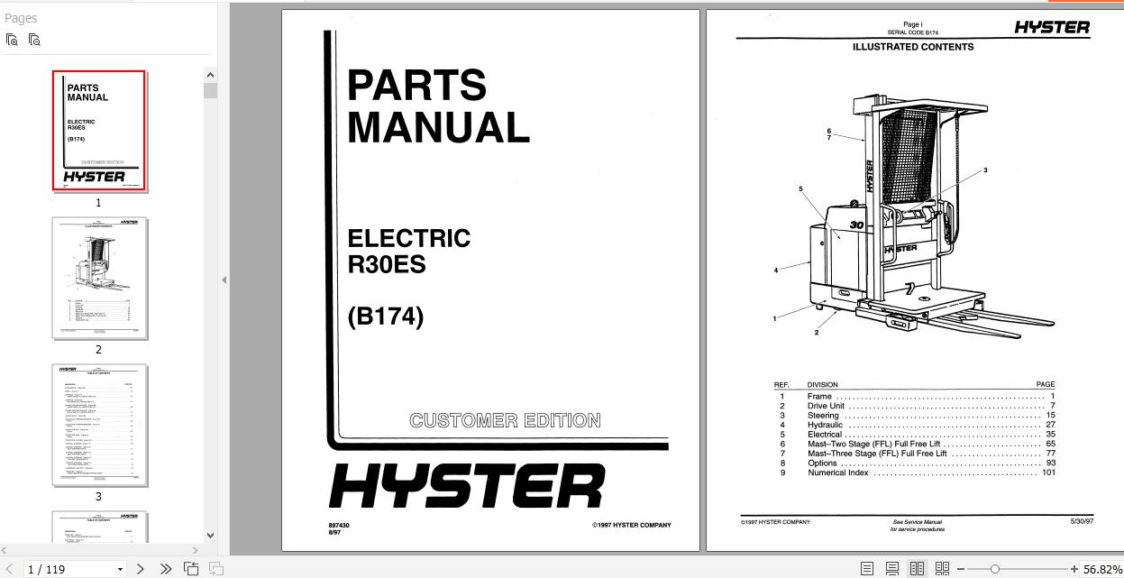 Hyster Electric Motor Narrow Aisle Trucks B174 R30ES Parts Manual 1