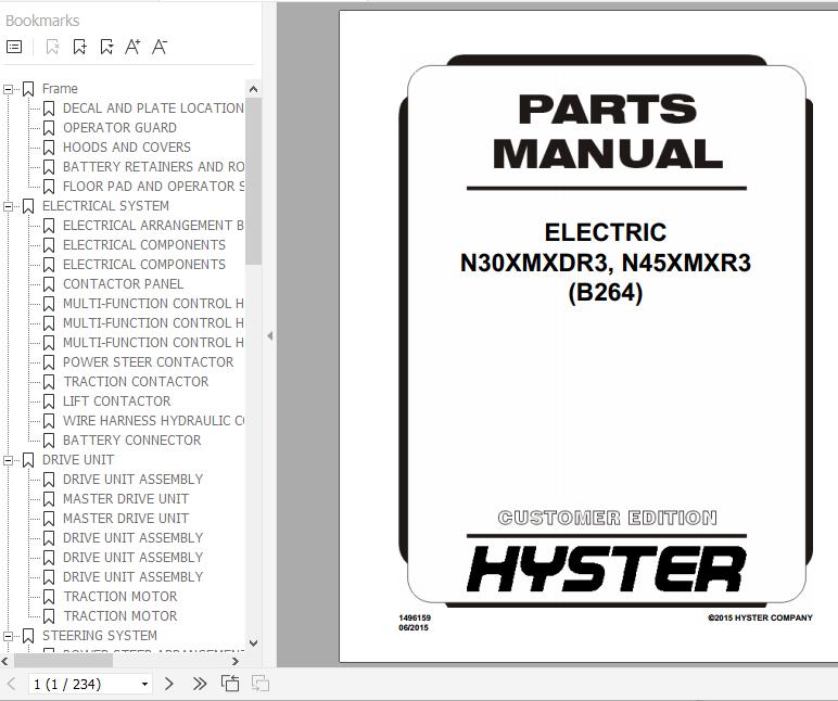 Hyster Electric Motor Narrow Aisle Trucks B264 N30XMXDR3 N45XMXR3 Parts Manual 1496159 1