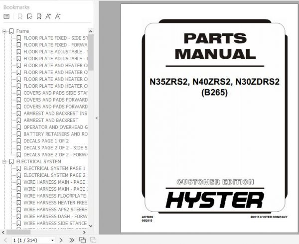 Hyster Electric Motor Narrow Aisle Trucks B265 N35ZRS2 N40ZRS2 N30ZDRS2 Parts Manual 4075009 1