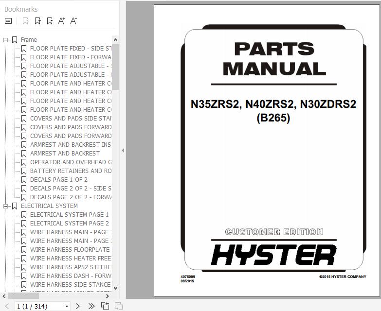 Hyster Electric Motor Narrow Aisle Trucks B265 N35ZRS2 N40ZRS2 N30ZDRS2 Parts Manual 4075009 1