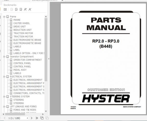 Hyster Electric Motor Narrow Aisle Trucks B448 RP2.0 RP3.0 Parts Manual 1514231 1