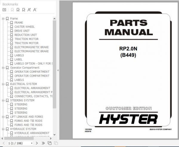 Hyster Electric Motor Narrow Aisle Trucks B449 RP2.0N Parts Manual 1531859 1
