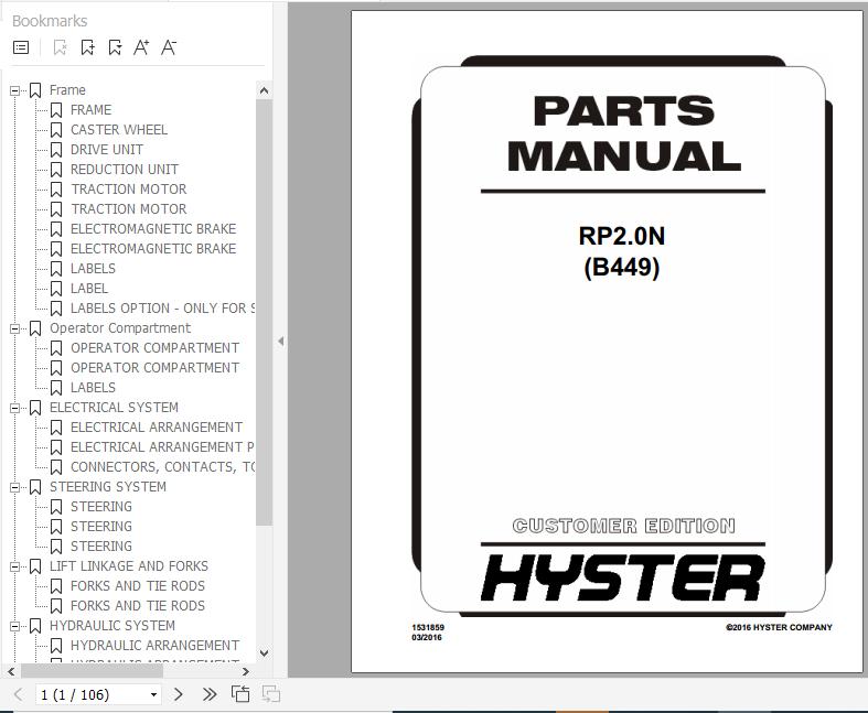 Hyster Electric Motor Narrow Aisle Trucks B449 RP2.0N Parts Manual 1531859 1