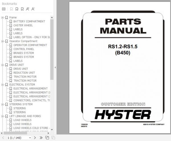 Hyster Electric Motor Narrow Aisle Trucks B450 RS1.2 RS1.5 Parts Manual 1530228 1