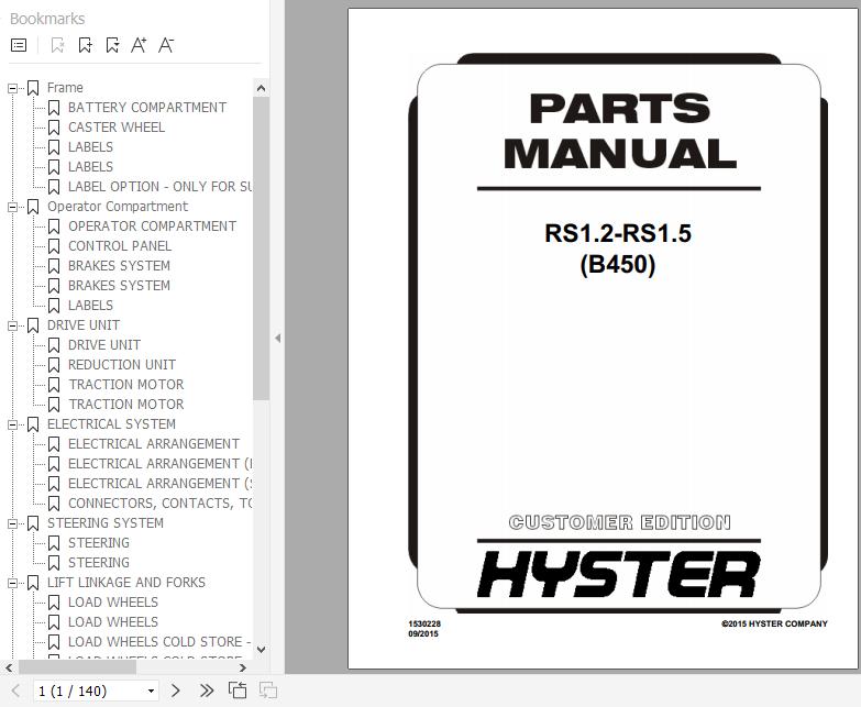 Hyster Electric Motor Narrow Aisle Trucks B450 RS1.2 RS1.5 Parts Manual 1530228 1