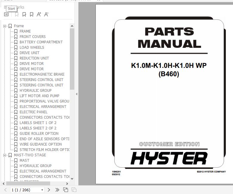 Hyster Electric Motor Narrow Aisle Trucks B460 K1.0M K1.0H K1.0H WP Parts Manual 1596201 1
