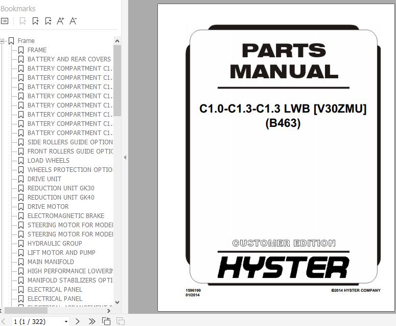 Hyster Electric Motor Narrow Aisle Trucks B463 C1.0 C1.3 C1.3 LWBV30ZMU Parts Manual 1596190 1