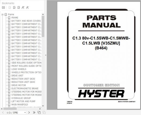 Hyster Electric Motor Narrow Aisle Trucks B464 C1.3 80 C1.5 SWB C1.5 MWB C1.5 LWB V35ZMU Parts Manual 1596192 1