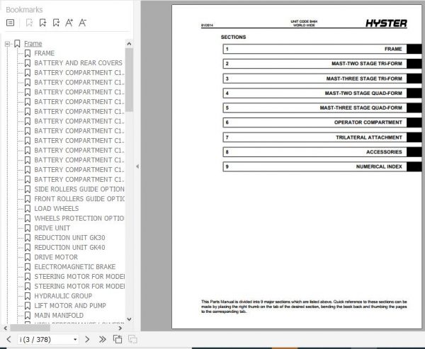 Hyster Electric Motor Narrow Aisle Trucks B464 C1.3 80 C1.5 SWB C1.5 MWB C1.5 LWB V35ZMU Parts Manual 1596192 2