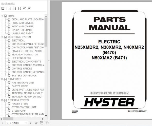Hyster Electric Motor Narrow Aisle Trucks B470 N25XMDR2 N30 40XMR2 Parts Manual 1453699 1