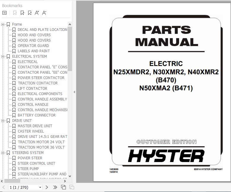 Hyster Electric Motor Narrow Aisle Trucks B470 N25XMDR2 N30 40XMR2 Parts Manual 1453699 1