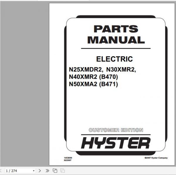 Hyster Electric Motor Narrow Aisle Trucks B471 N50XMA2 Parts Manual 1453699 1