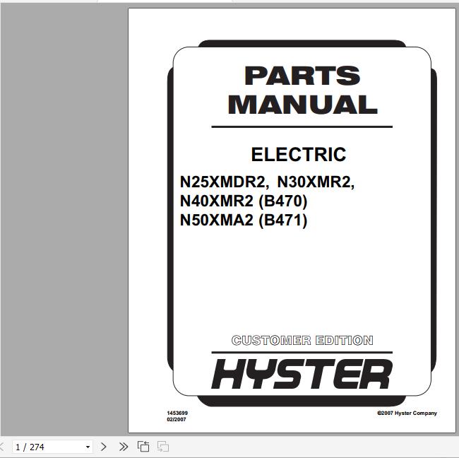 Hyster Electric Motor Narrow Aisle Trucks B471 N50XMA2 Parts Manual 1453699 1