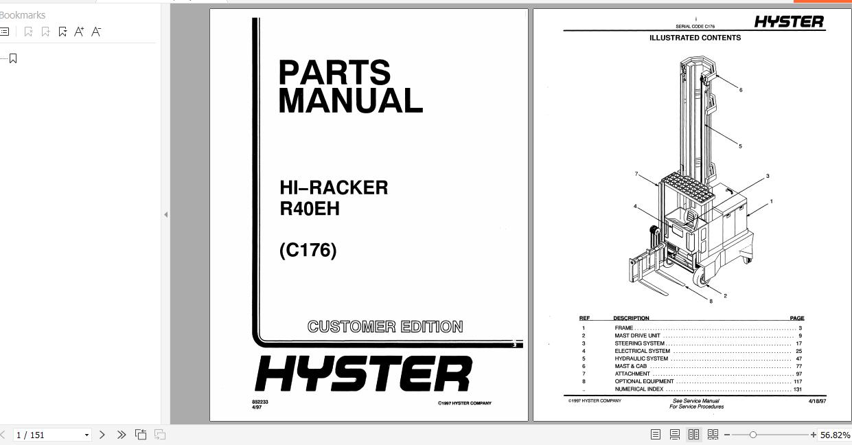 Hyster Electric Motor Narrow Aisle Trucks C176 R40EH Parts Manual 852233 1