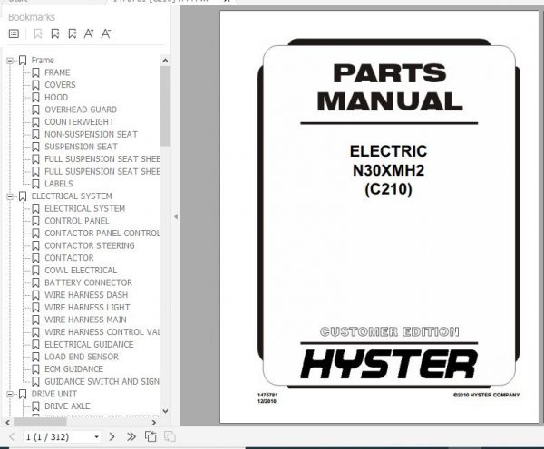 Hyster Electric Motor Narrow Aisle Trucks C210 N30XMH2 Parts Manual 1475781 1