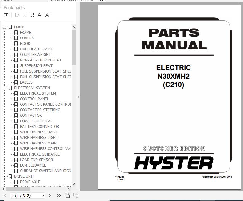 Hyster Electric Motor Narrow Aisle Trucks C210 N30XMH2 Parts Manual 1475781 1