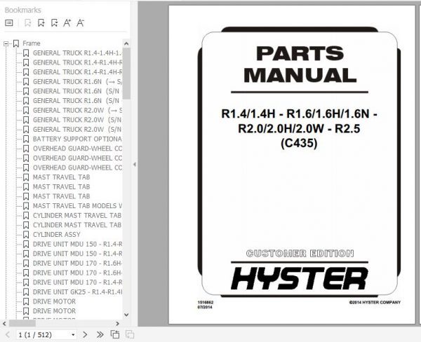 Hyster Electric Motor Narrow Aisle Trucks C435 R1.4 1.4H R1.6 1.6H 1.6N R2.0 2.0H 2.0W R2.5 Parts Manual 1516862 1