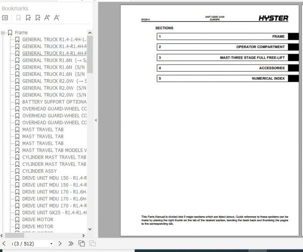 Hyster Electric Motor Narrow Aisle Trucks C435 R1.4 1.4H R1.6 1.6H 1.6N R2.0 2.0H 2.0W R2.5 Parts Manual 1516862 2