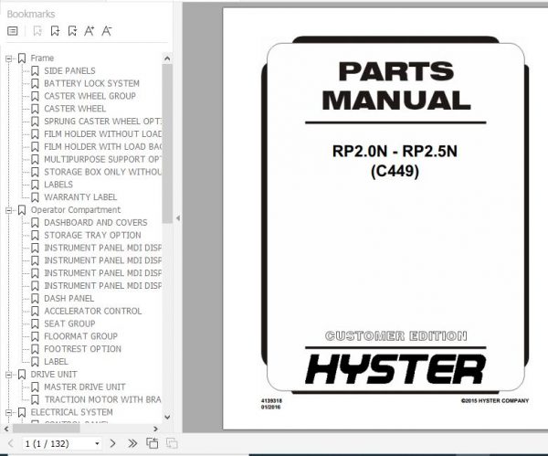 Hyster Electric Motor Narrow Aisle Trucks C449 RP2.0N RP2.5N Parts Manual 4139318 1