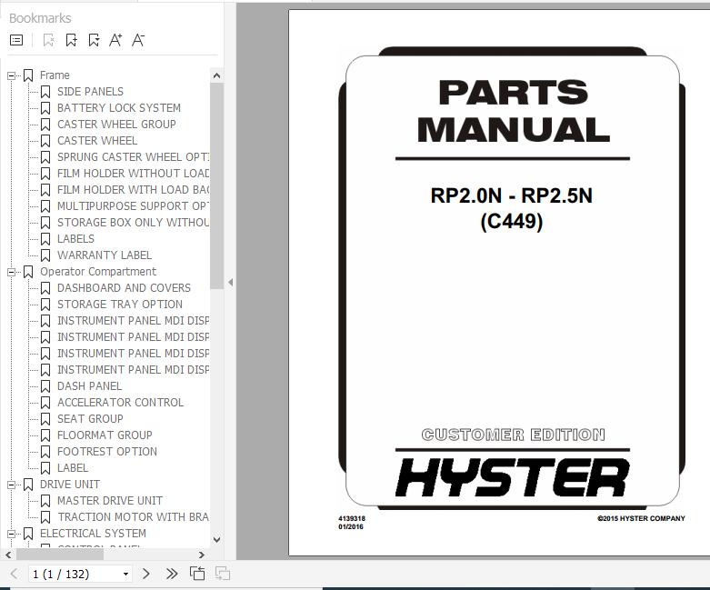 Hyster Electric Motor Narrow Aisle Trucks C449 RP2.0N RP2.5N Parts Manual 4139318 1