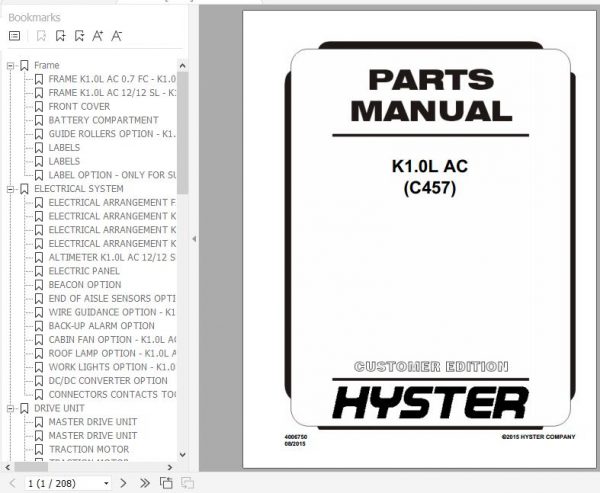 Hyster Electric Motor Narrow Aisle Trucks C457 K1.0L AC Parts Manual 4006750 1