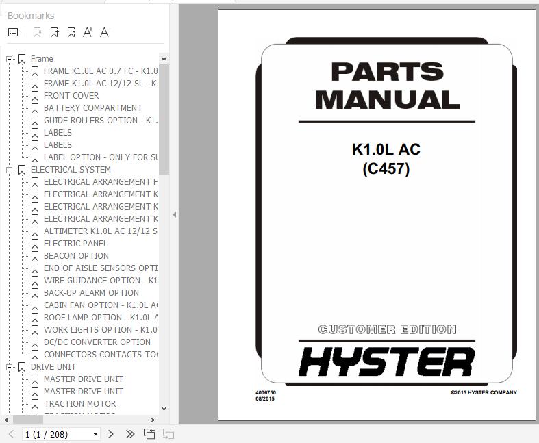 Hyster Electric Motor Narrow Aisle Trucks C457 K1.0L AC Parts Manual 4006750 1