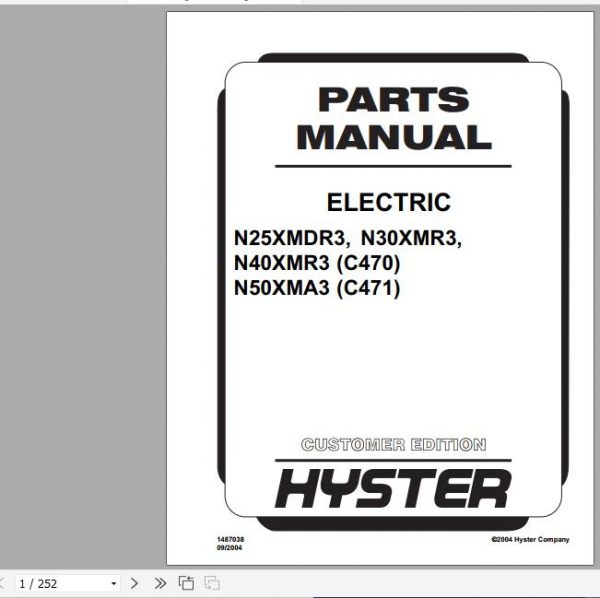 Hyster Electric Motor Narrow Aisle Trucks C470 N25XMDR3 N30 40XMR3 C471 N50XMA3 Parts Manual 1487038 1