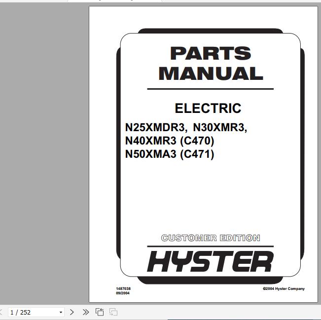 Hyster Electric Motor Narrow Aisle Trucks C470 N25XMDR3 N30 40XMR3 C471 N50XMA3 Parts Manual 1487038 1
