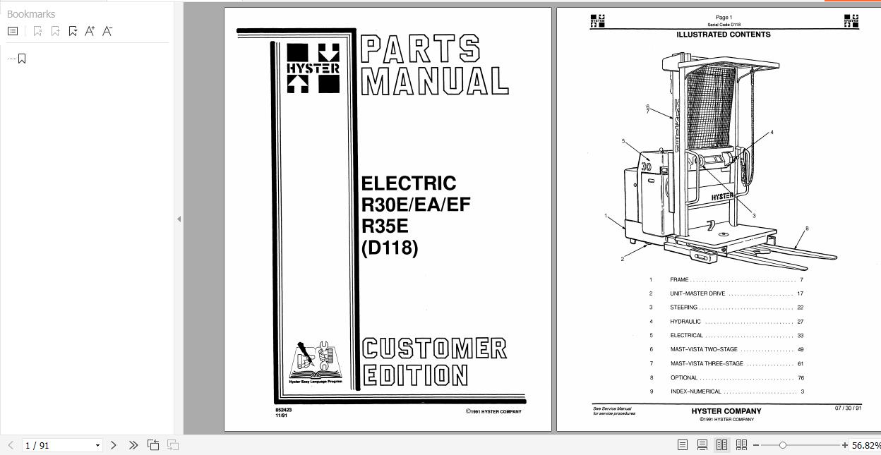 Hyster Electric Motor Narrow Aisle Trucks D118 R30E EA EF R35E Parts Manual 852423 1