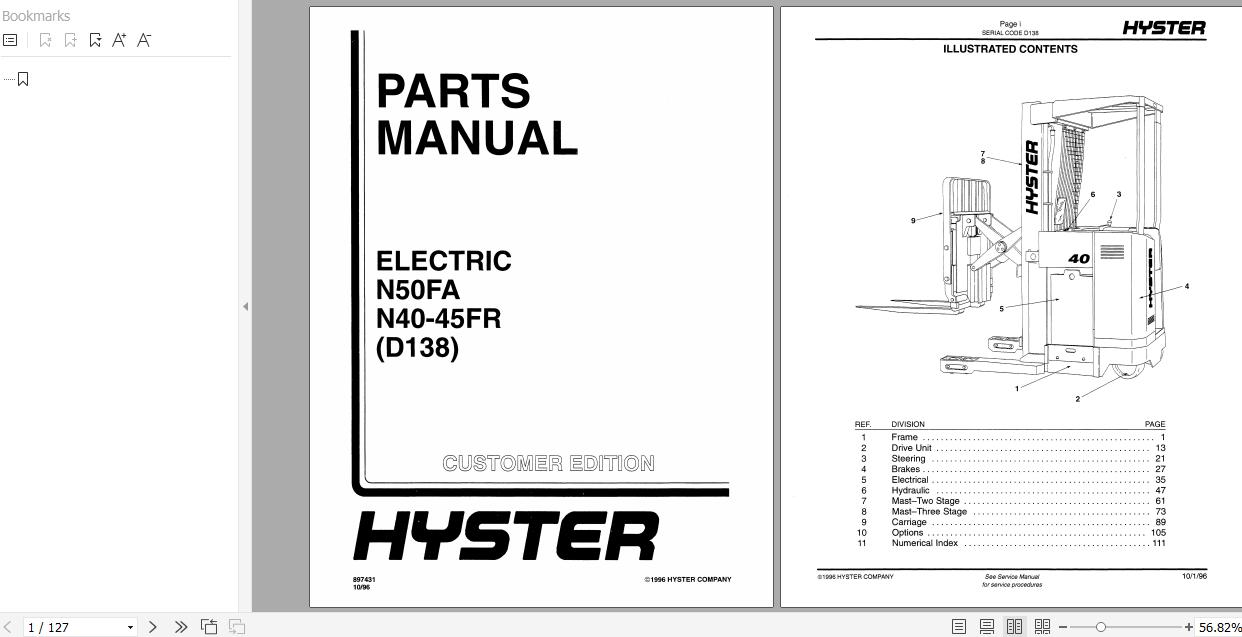 Hyster Electric Motor Narrow Aisle Trucks D138 N40 45FR N50FA Parts Manual 897431 1