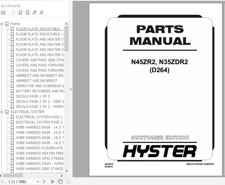 Hyster Electric Motor Narrow Aisle Trucks D264 N45ZR2 N35ZDR2 Parts Manual 4075013 1