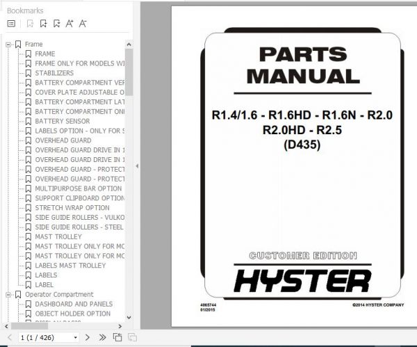 Hyster Electric Motor Narrow Aisle Trucks D435 R1.4 1.6 R1.6HD R1.6N R2.0 R2.0HD R2.5 Parts Manual 4065744 1