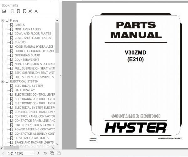 Hyster Electric Motor Narrow Aisle Trucks E210 V30ZMD Parts Manual 1640597 1