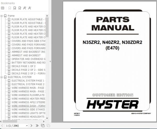 Hyster Electric Motor Narrow Aisle Trucks E470 N35ZR2 N40ZR2 N30ZDR2 Parts Manual 4075011 1