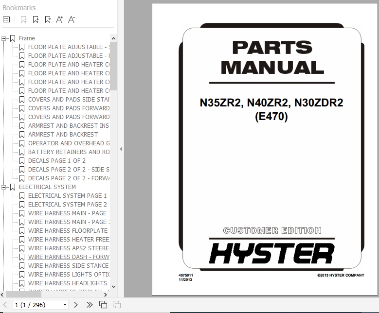 Hyster Electric Motor Narrow Aisle Trucks E470 N35ZR2 N40ZR2 N30ZDR2 Parts Manual 4075011 1