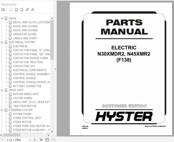 Hyster Electric Motor Narrow Aisle Trucks F138 N30XMDR2 N45XMR2 Parts Manual 1458149 1