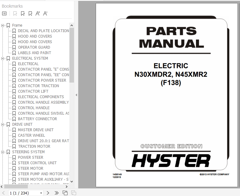 Hyster Electric Motor Narrow Aisle Trucks F138 N30XMDR2 N45XMR2 Parts Manual 1458149 1
