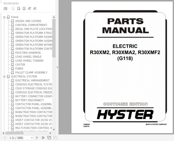 Hyster Electric Motor Narrow Aisle Trucks G118 R30XM2 R30XMA2 R30XMF2 Parts Manual 1485650 1
